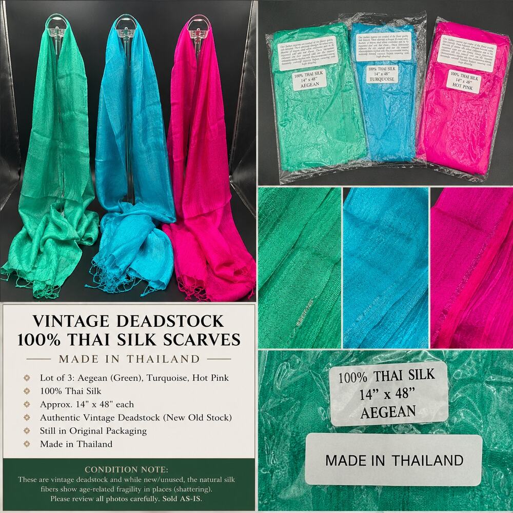 VTG Vintage Deadstock 100% Thai Silk Scarves Lot of 3 Aegean Turquoise Hot Pink